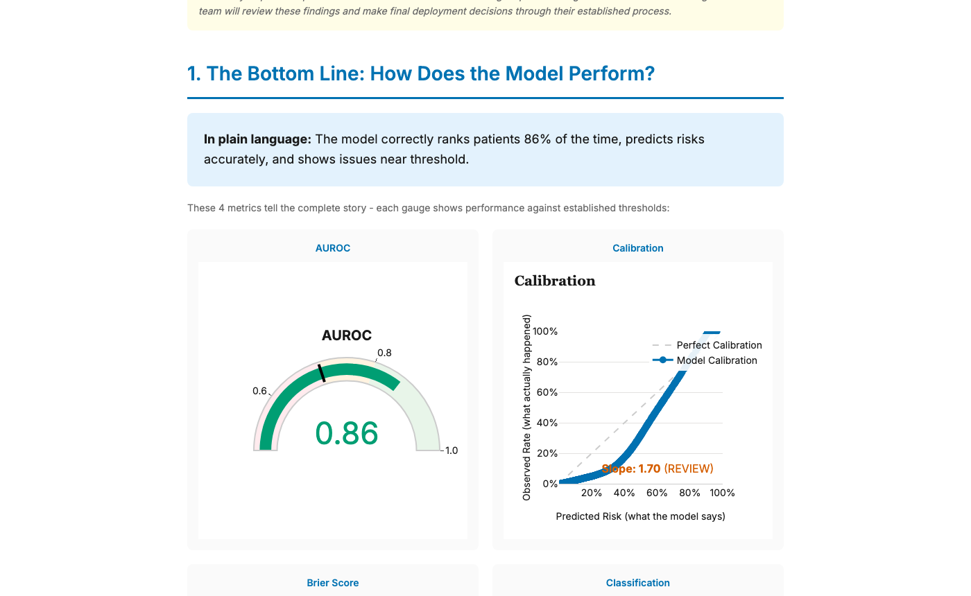 Performance metrics with plain-language explanations for non-technical reviewers
